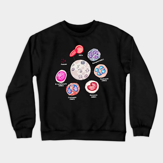 Blood cells. RBCs. WBCs, Basophil, Platelet, thrombocyte, Neutrophil, B-Lymphocyte, Monocyte, Eosinophil. Crewneck Sweatshirt by labstud